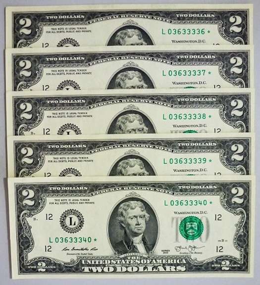 (5) Crisp Exceptional 2013 $2 Star Replacement Notes San Francisco-Consecutive!