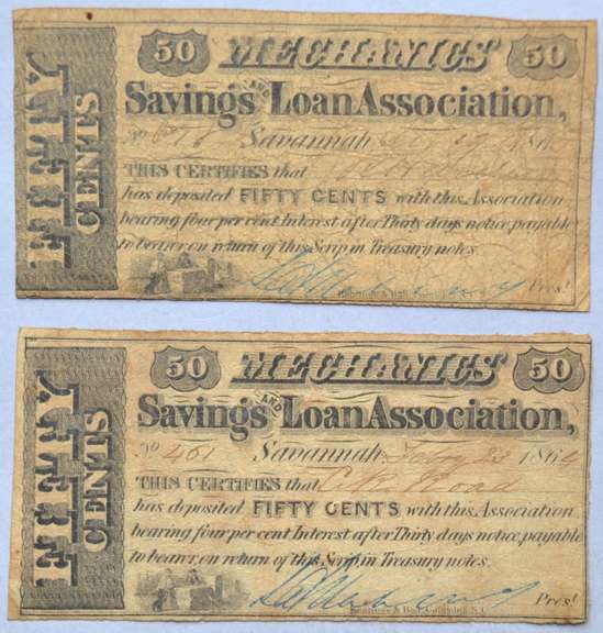 2 50 Cent Mechanics Savings &Loan  Savannah1864 1865 Notes