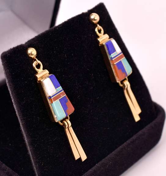 Mosaic Inlay 14KT Yellow Gold Earrings