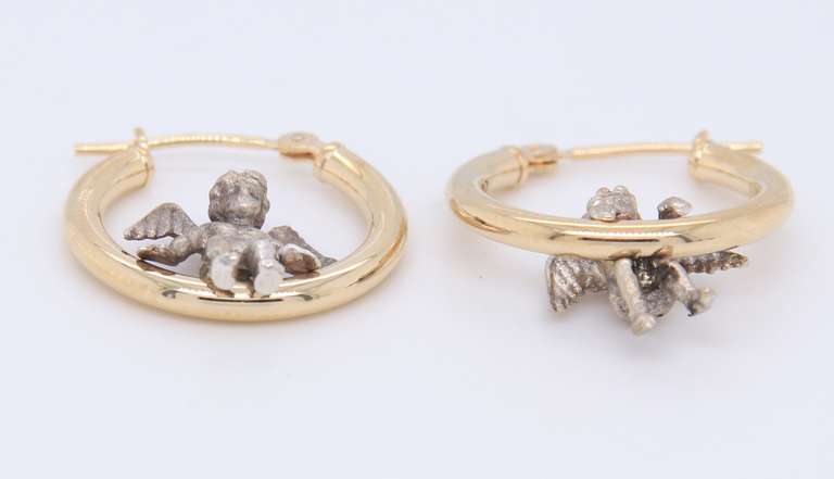 Beautiful Yellow Gold and Silver Angel Hoop Earrings
