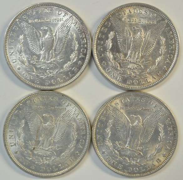 4 diff. flashy-white AU/BU 'P' Mint Morgan Silver Dollars