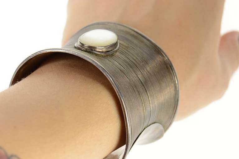 Sterling Silver Curved Mother Of Pearl Oval Statement Cuff Bracelet