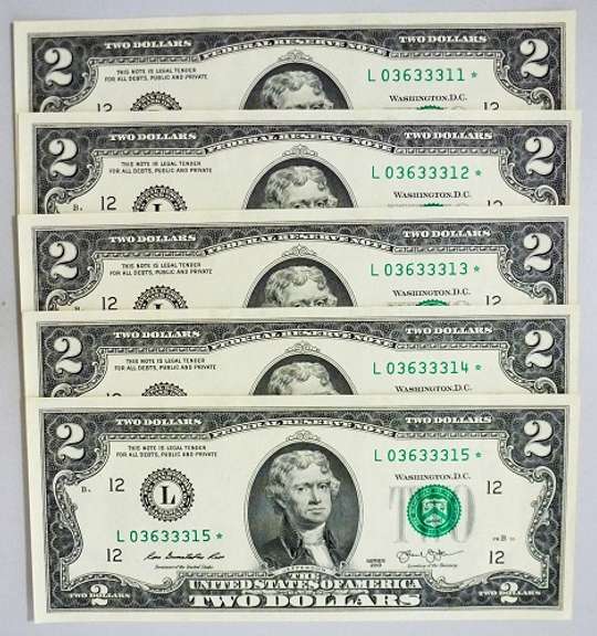 (5) Superb Crisp Exceptional 2013 $2 Star Replacement Notes San Francisco-Consecutive!