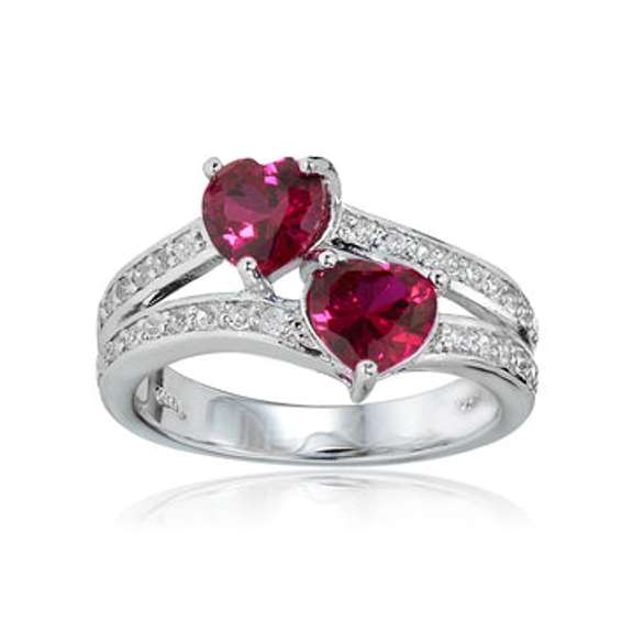 Sterling Silver Created Ruby and White Topaz Double Heart Friendship Ring