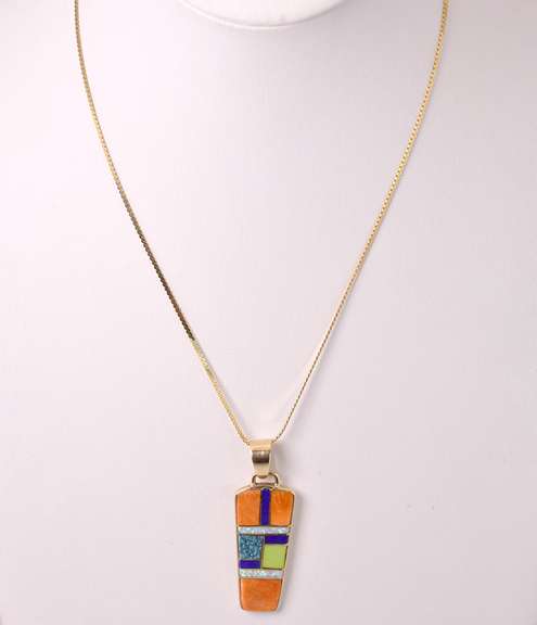 Vivid Mosaic Inlay Pendant & Chain, 14KT