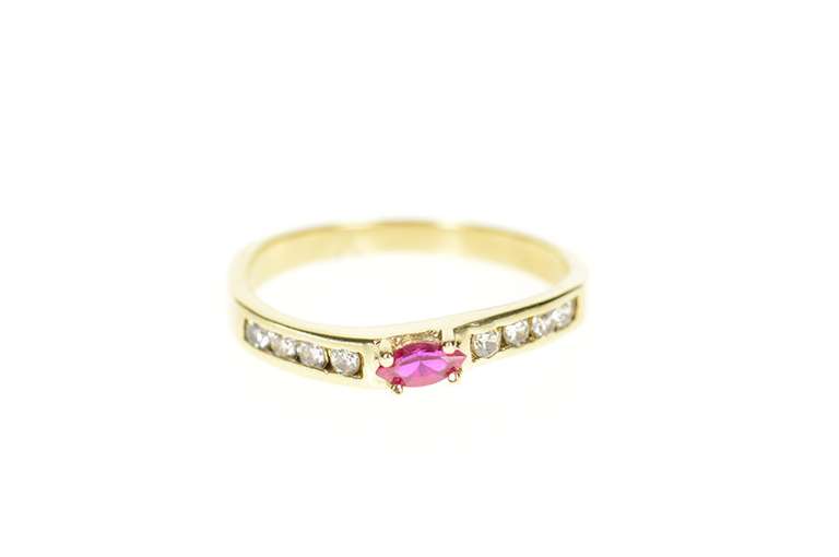 10K Yellow Gold Marquise Syn. Ruby Diamond Wavy Band Ring