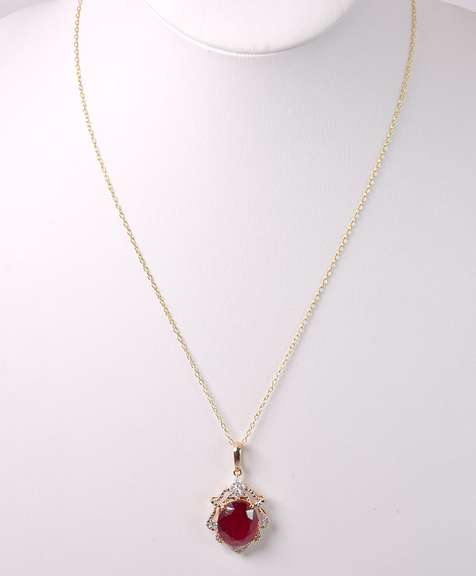 Lovely 9.52CTS Ruby & 0.33CTW Diamond Pendant Necklace in Gold Plated Sterling Silver