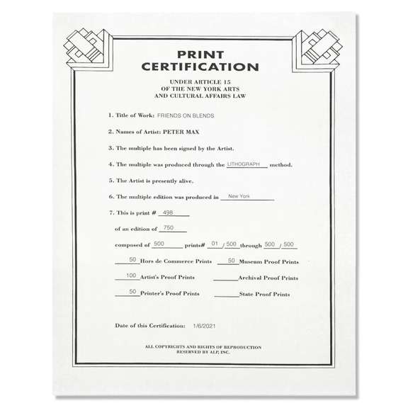 Peter Max, "Friends on Blends" Framed Limited Edition Lithograph, Numbered 498/500 and Hand Signed with Certificate of Authenticity.