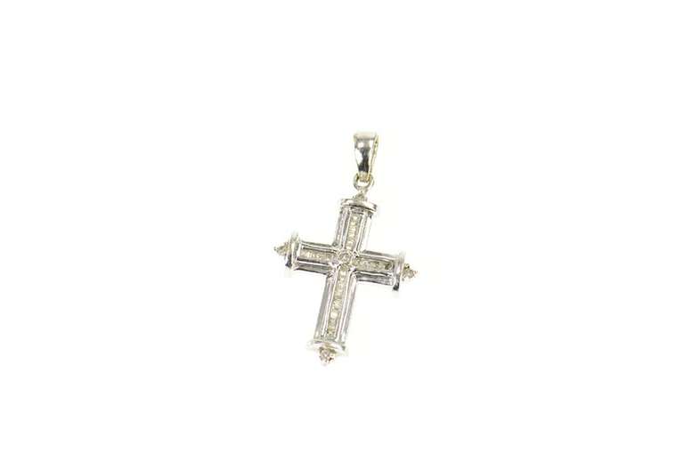 10K White Gold Baguette & Round Diamond Cross Christian Pendant