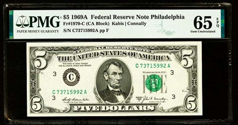 Gem Crisp 1969A $5 Federal Reserve Note Philadelphia PMG 65 EPQ!!