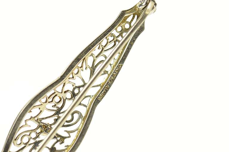 14K White Gold Art Deco Pearl Ornate Filigree Bar Pin/Brooch