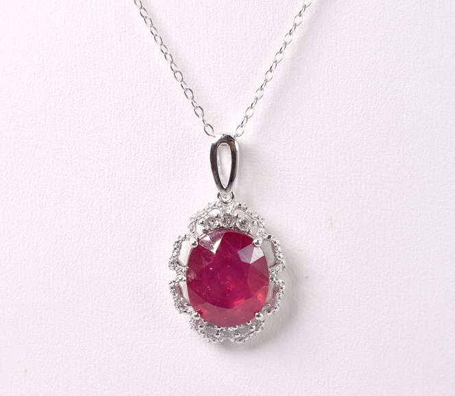 Stunning 7.55CTS Ruby & 0.27CTW Diamond Pendant Necklace in Sterling Silver