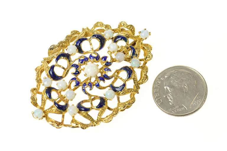14K Yellow Gold Ornate Victorian Opal Blue Enamel Elaborate Pin/Brooch