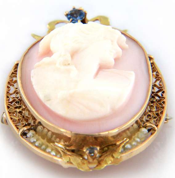 Antique Coral and Pearl Cameo Brooch Pendant
