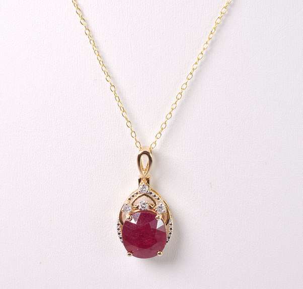 Beautiful 7.78CTS Natural Ruby & 0.18CTW Diamond Pendant Necklace in Gold Plated Sterling Silver