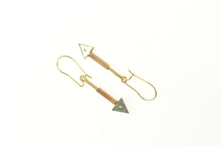 14K Yellow Gold Two Tone Diamond Arrow Ornate Dangle Earrings