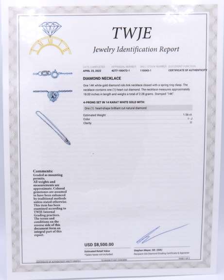 Significant White Gold 1.56ct Heart Diamond Pendant on Chain