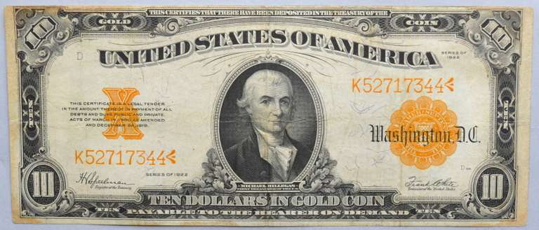 Higher Grade $10 1922 Gold Certificate