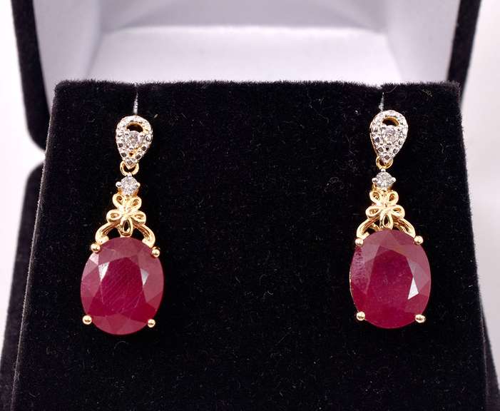 Marvelous 14.38CTW Ruby & 0.17CTW Diamond Earrings in Gold Plated Sterling Silver