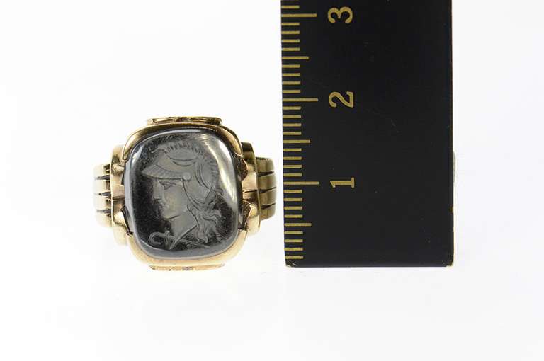 10K Yellow Gold Carved Hematite Intaglio Soldier Men's Ring