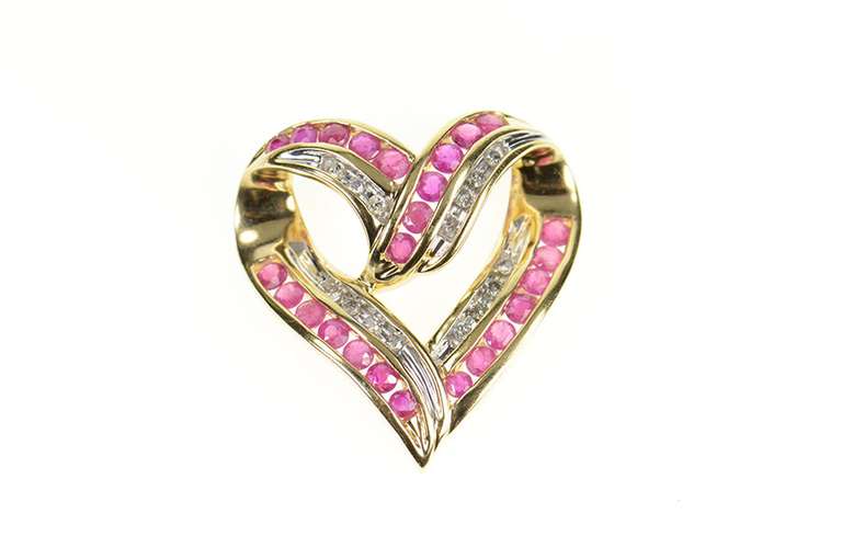 14K Yellow Gold Ruby Diamond Classic Curvy Heart Pendant