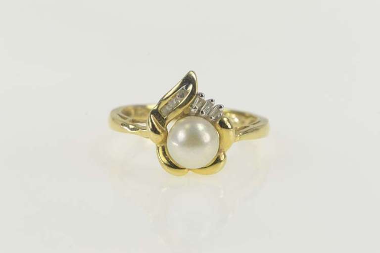 14K Yellow Gold Pearl Diamond Cluster Accent Engagement Ring