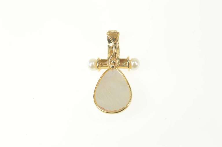 14K Yellow Gold Pear Tear Drop Pearl Bar Accent Statement Pendant