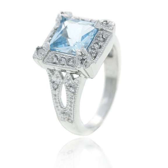 Sterling Silver 3.35ct. Blue Topaz and CZ Square Ring