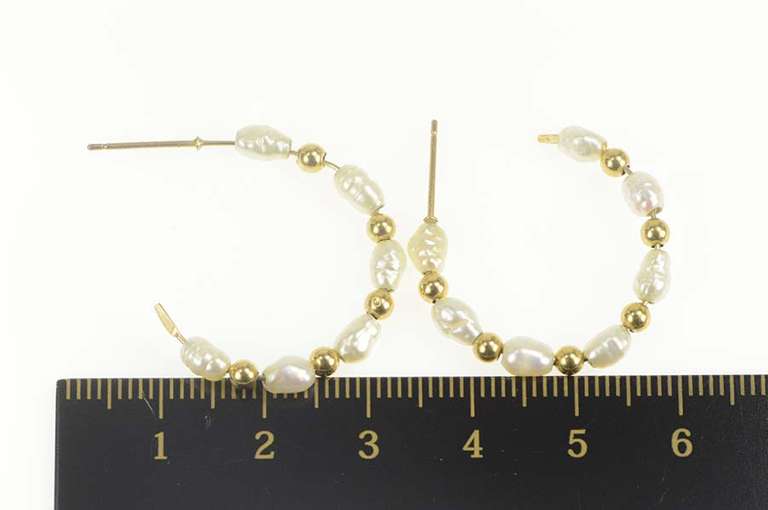 10K Yellow Gold Classic Pearl Beaded Semi Hoop Earrings