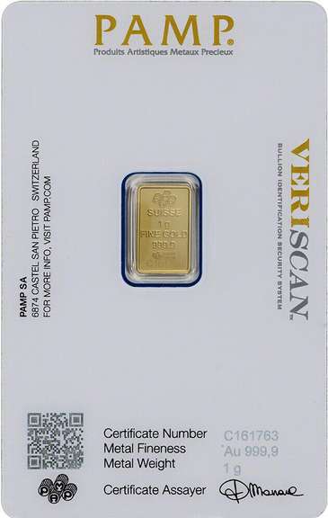 1 Gram Gold Bar PAMP Suisse Lady Fortuna Veriscan