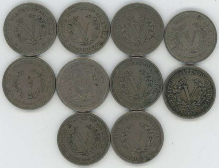 10 First Year 1883 No Cents Liberty 'V' Nickels. Sharp XF45