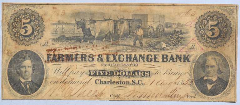 $5 Farmers & Exchange Bank Charleston SC Aug 1 1853 Note