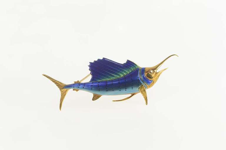 18K Yellow Gold Diamond Ornate Enamel Marlin Statement Pin/Brooch