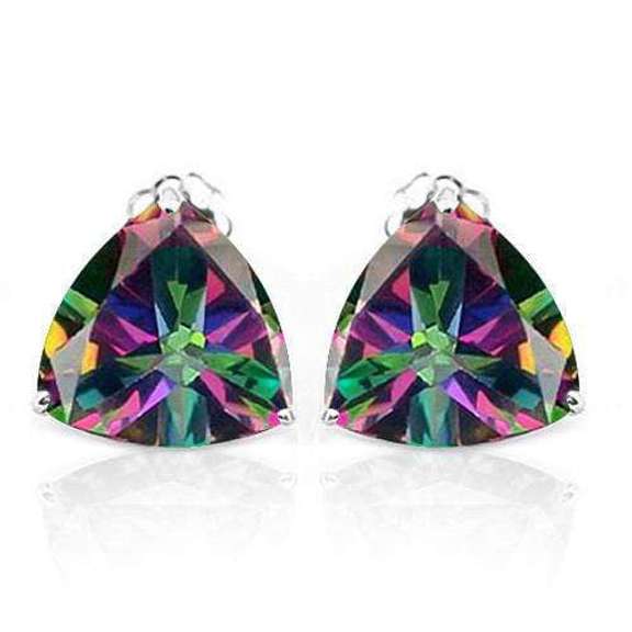 100% SOLID 10K WHITE GOLD TRIANGLE SHAPE MYSTIC GEMSTONE EARRINGS STUD