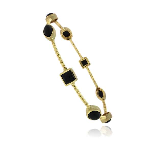 18K Gold over Sterling Silver Geometric Onyx Stone Bangle Bracelet