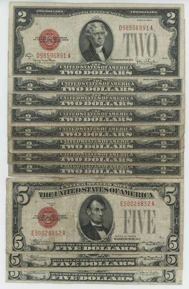Scarce lot of 11 Series of 1928 $2 & $5 Red Seal STAR notes