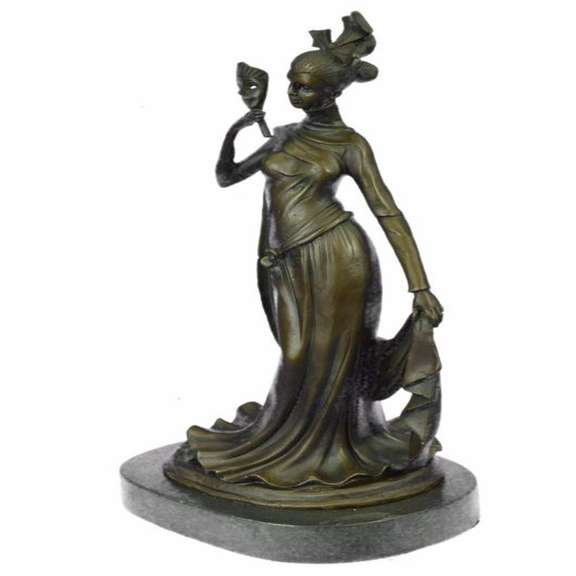 1920 Style Girl Holding a Mask Bronze Sculpture