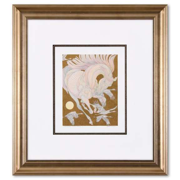 Guillaume Azoulay, "Etude Quatre Grues" Framed Original Hand Colored Drawing with Hand Laid Gold Leaf, Hand Signed with Letter of Authenticity