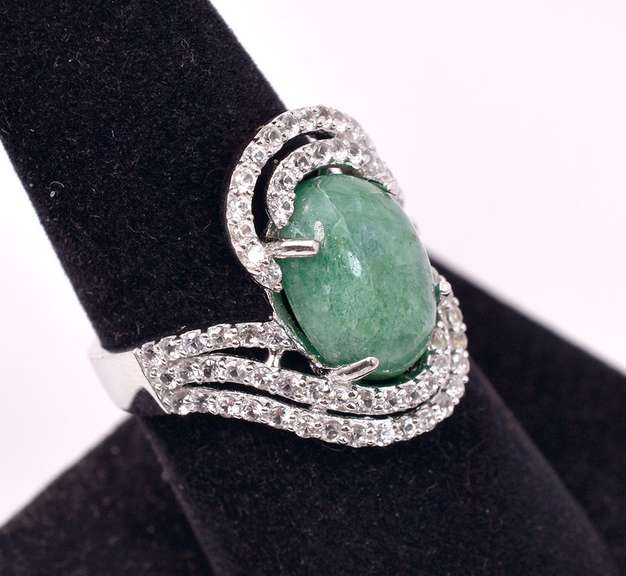 Mesmerizing 5.42CTS Cabochon-Cut Natural Emerald & 1.31CTW White Sapphire Ring in Sterling Silver