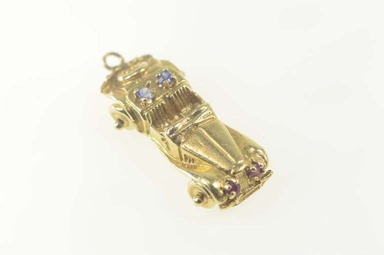 14K Yellow Gold 3D Articulated Syn. Sapphire Car Hot Rod Charm/Pendant