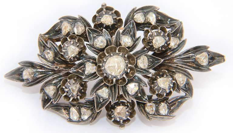 Antique Sterling Silver Rose Cut Diamond Brooch