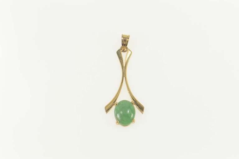 14K Yellow Gold Oval Jade Cabochon Curved Drop Statement Pendant