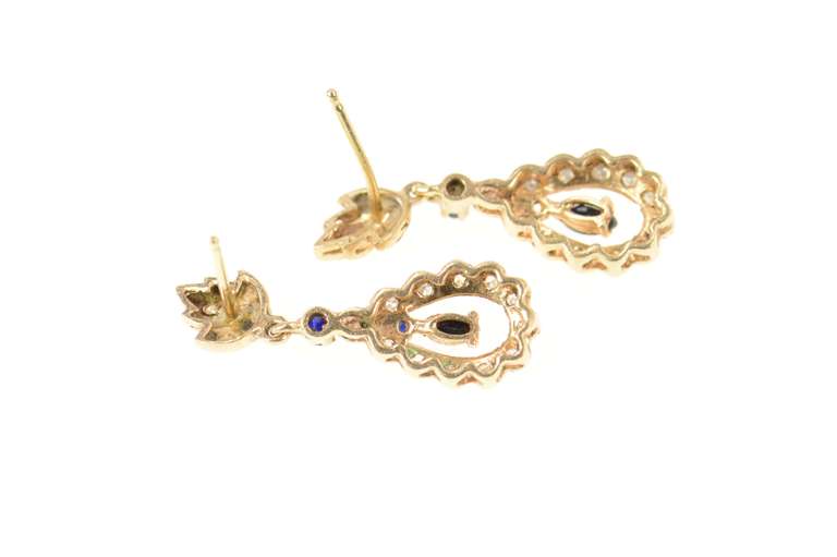 14K Yellow Gold Pearl Sapphire Diamond Halo Dangle Statement Earrings