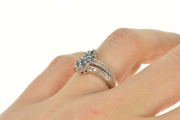 14K White Gold 0.46 Ctw Squared Blue Diamond Cluster Bypass Ring
