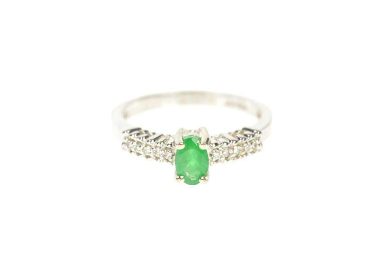 14K White Gold Oval Emerald Diamond Accent Engagement Ring