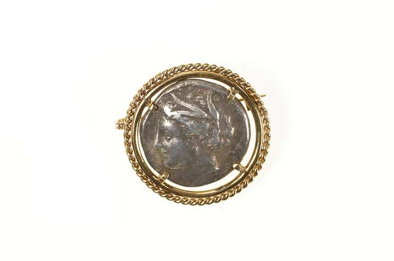 14K Yellow Gold Ancient Greek Coin Rope Trim Statement Pin/Brooch
