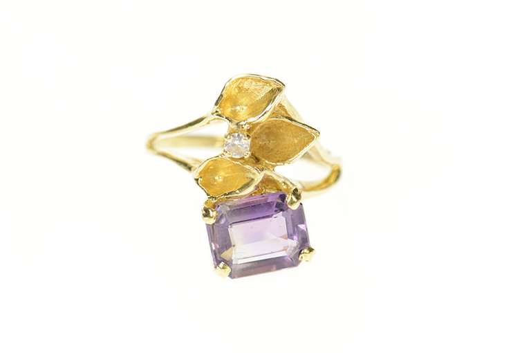 14K Yellow Gold Amethyst Emerald Cut Leaf Design Diamond Ring