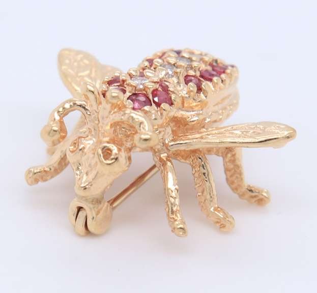 Favorite Yellow Gold Ruby and Diamond Bee Brooch