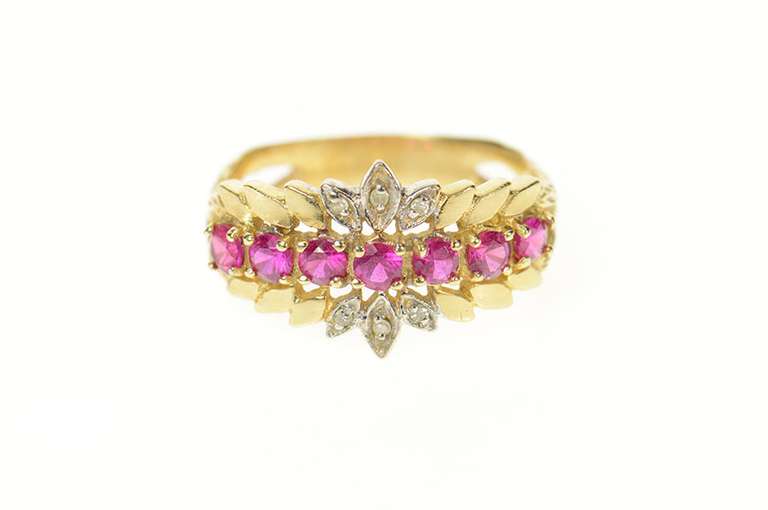 10K Yellow Gold Retro Syn. Ruby Diamond Floral Petal Band Ring