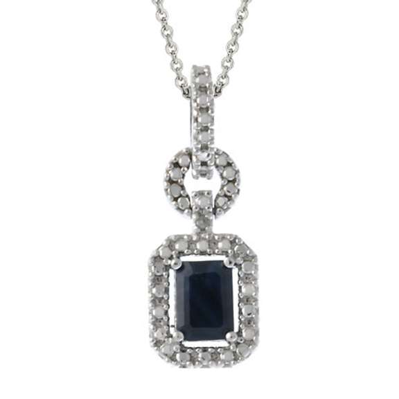 Sterling Silver Genuine Diamond Accent & Sapphire Rectangle Pendant
